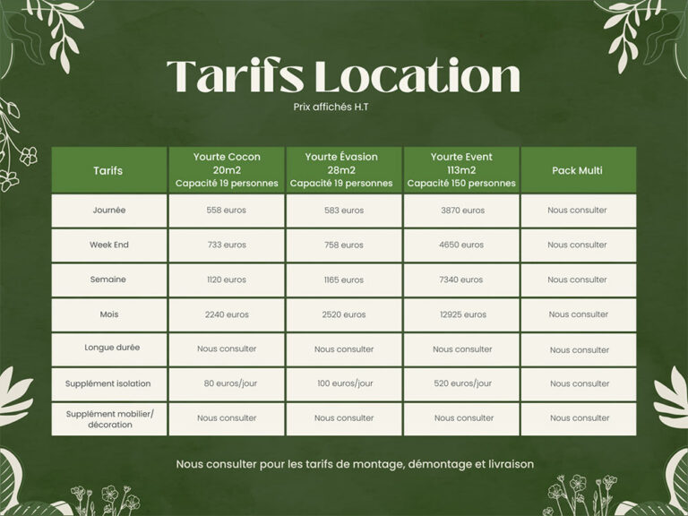 Tarifs location d'une yourte